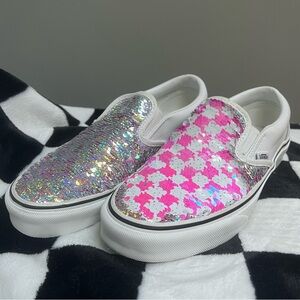 Vans Slip Ons in flippable holographic/pink checkered sequins Sz M-6.5 W-8